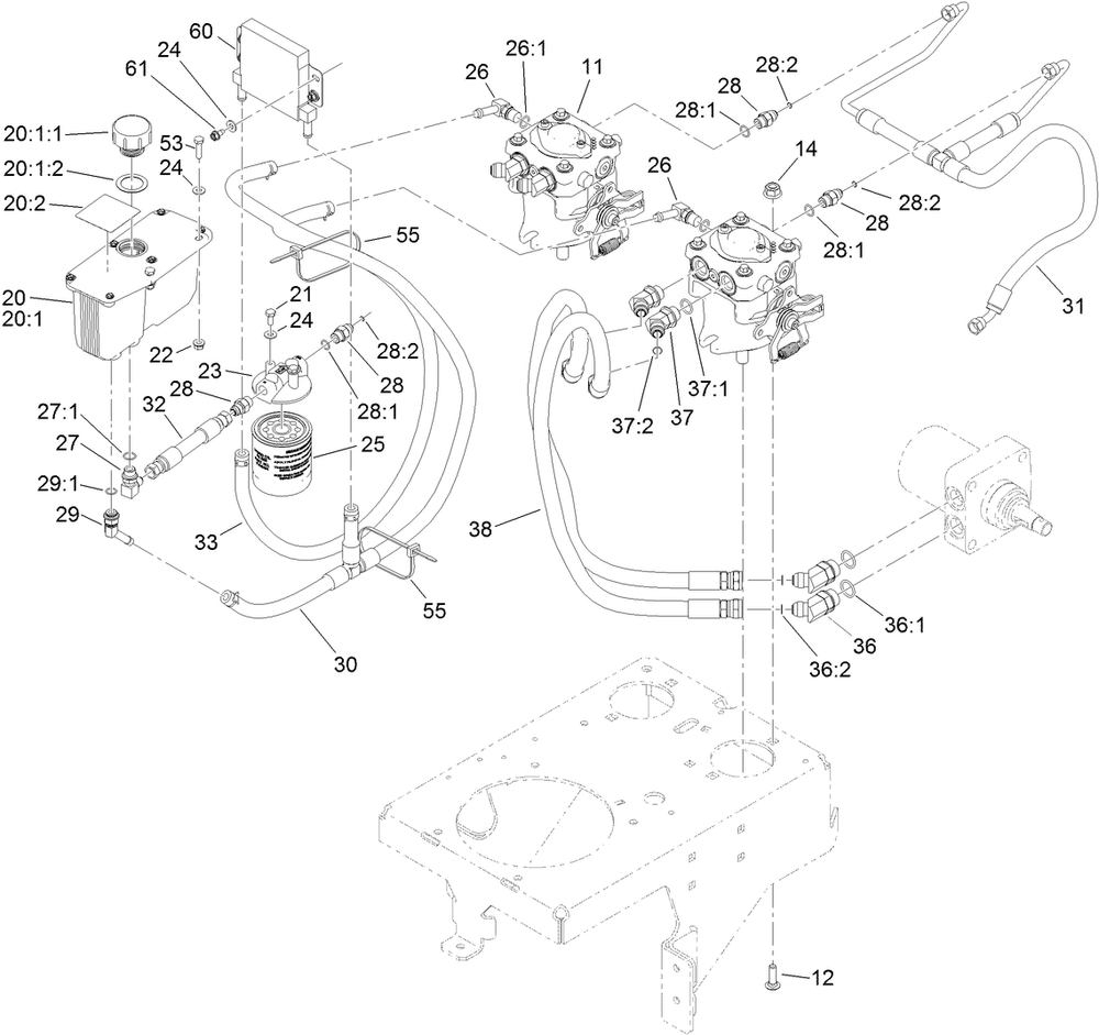 Hydraulic System Assembly Diagram and Parts List for 74589 (313000001-313001000)(2013) Toro Lawn Mower