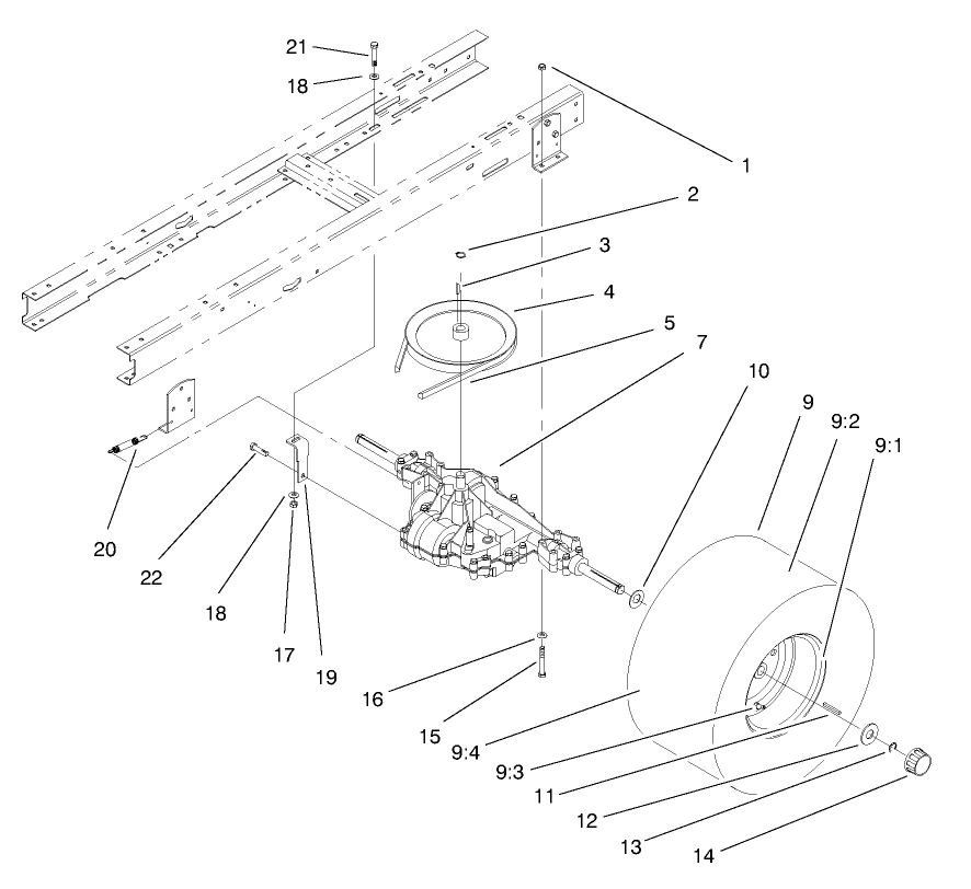 Transaxle Assembly Diagram and Parts List for 71189 8900001 - 8999999 Toro Lawn Tractor