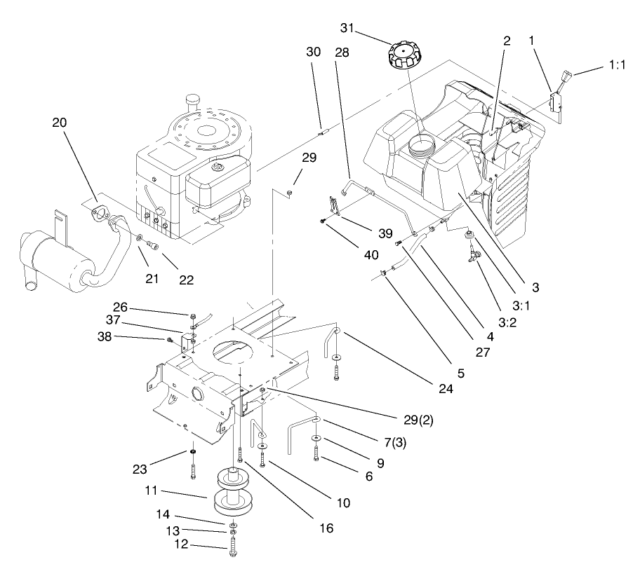Gas Tank & Engine Pulley Assembly Diagram and Parts List for 71208 8900001 - 8999999 Toro Lawn Tractor