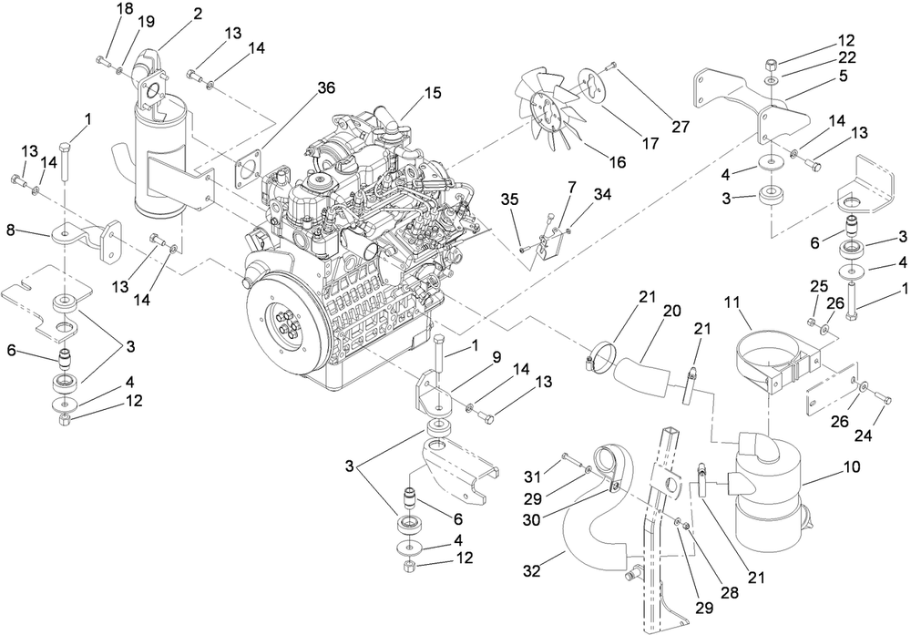 Engine, Exhaust And Air Intake Assembly Diagram and Parts List for 74264TE (310000001-310999999)(2010) Toro Lawn Mower