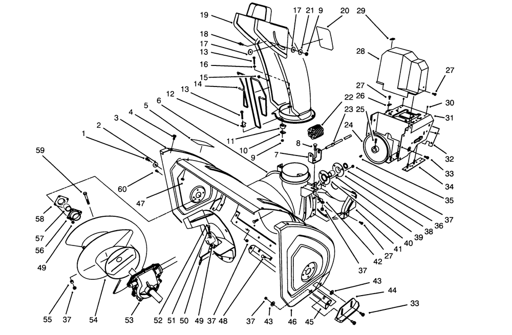 Housing & Chute Assembly Diagram and Parts List for 38540 5900001 - 5999999 Toro Snow Blower