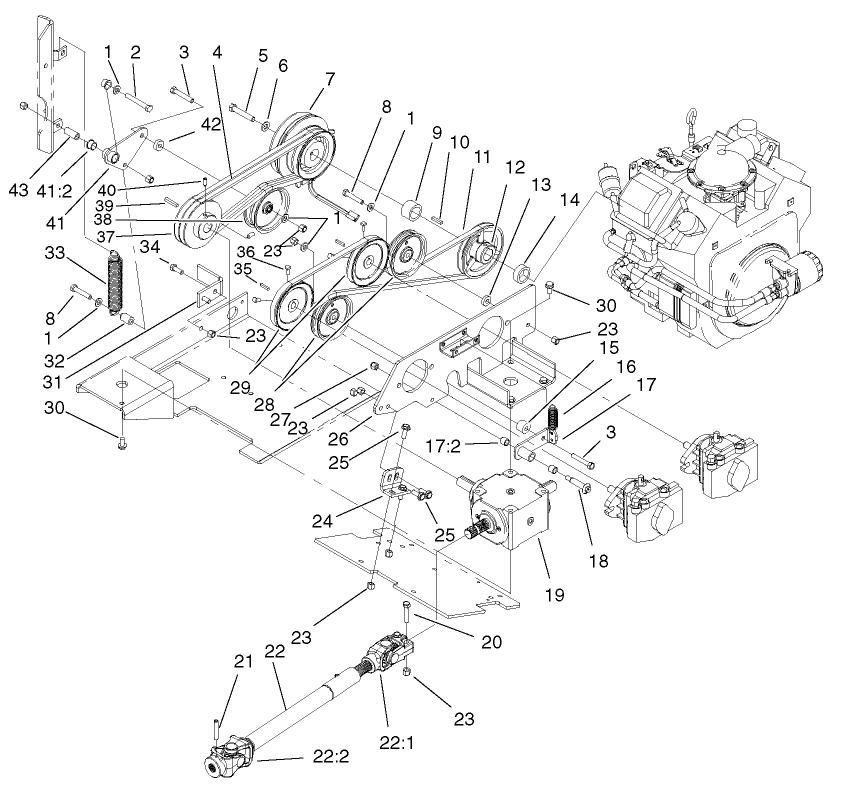 Pto And Hydro Drive Assembly Diagram and Parts List for 74187 (200000001-200000500)(2000) Toro Lawn Mower