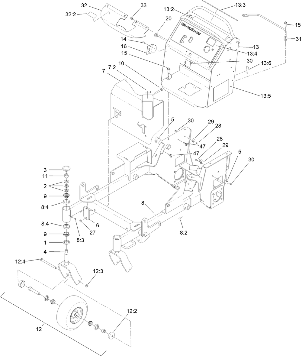 Main Frame Assembly Diagram and Parts List for 74534 417169275 - 999999999 Toro Lawn Tractor