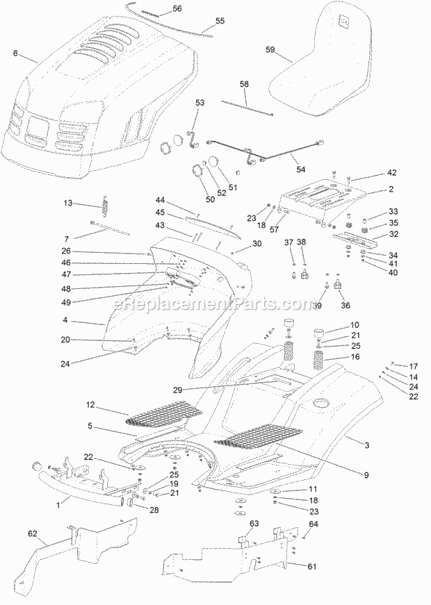 Body And Hood Assembly Diagram and Parts List for 74585 316000001-316999999 Toro Lawn Mower