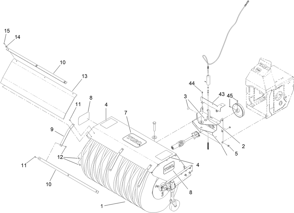 Broom And Deflector Assembly Diagram and Parts List for 38701 400000000 - 408799999 Toro Power Broom