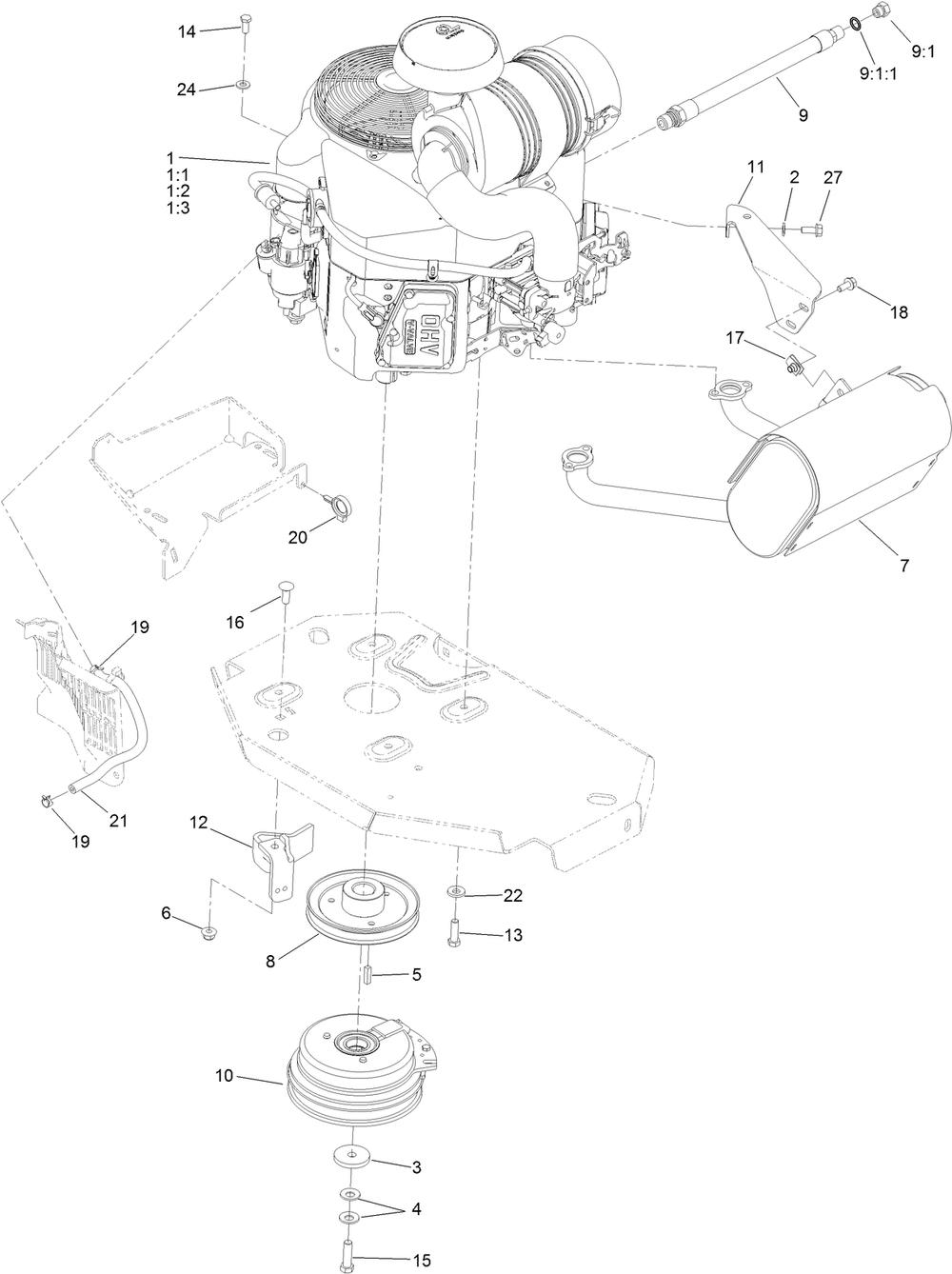 Engine, Clutch And Muffler Assembly Diagram and Parts List for 74902TE 400000000-402079999 Toro Lawn Mower