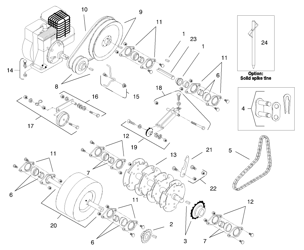 Power Train And Tine Rotor Assembly Diagram and Parts List for 62063 790001 - 799999 Toro Aerator
