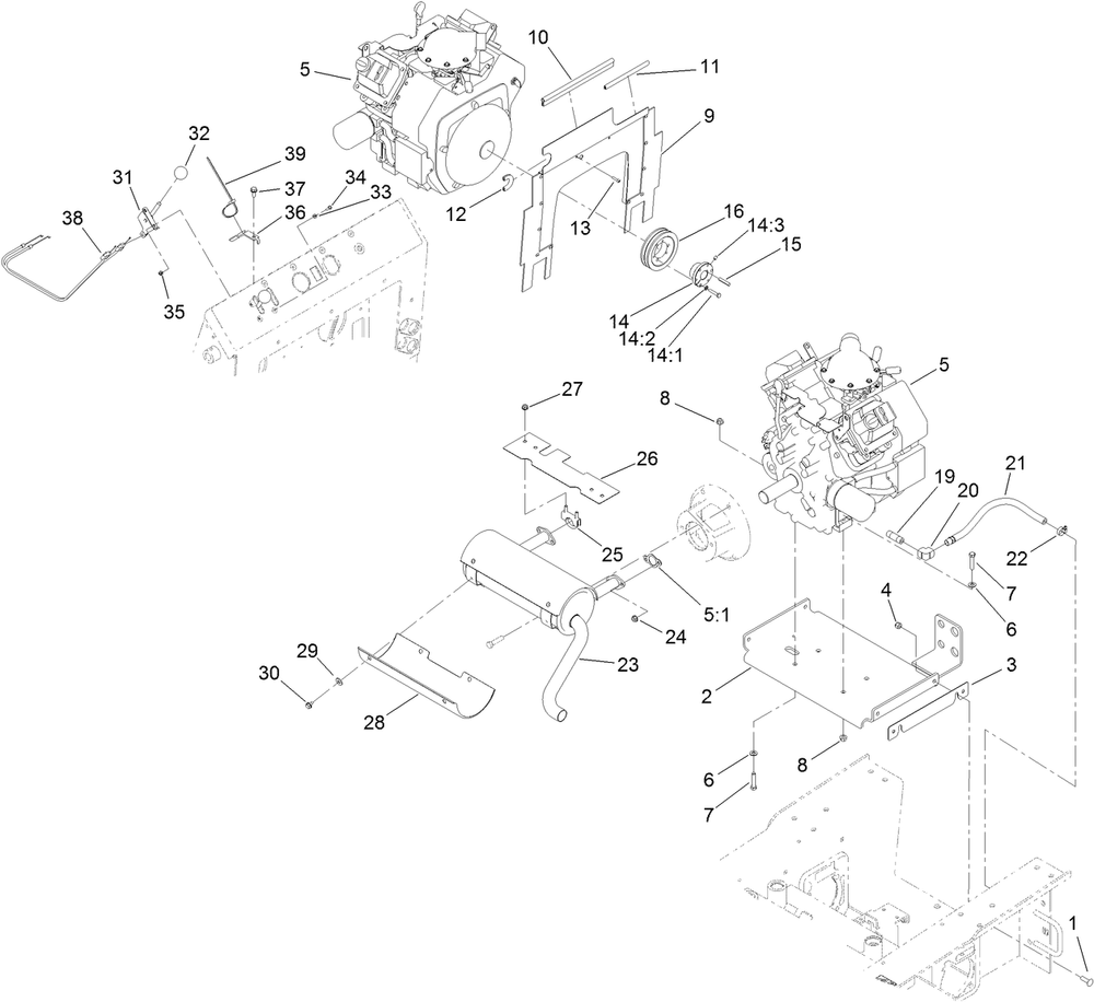Engine, Exhaust And Control Lever Assembly Diagram and Parts List for 22322 402000000 - 404719999 Toro Lawn Tractor Accessories