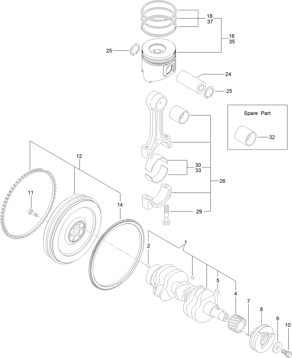 Crankshaft And Piston Assembly Diagram and Parts List for 22370 413000000 - 414487256 Toro Lawn Tractor Accessories