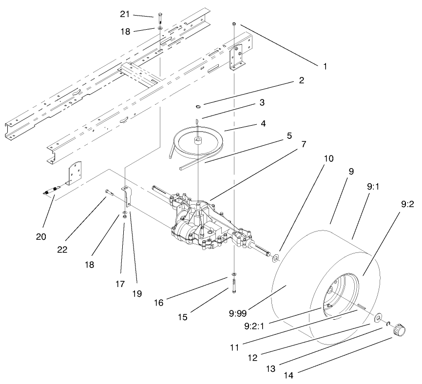 5 Speed Transaxle Assembly Diagram and Parts List for 71199 9900001 - 9999999 Toro Lawn Tractor