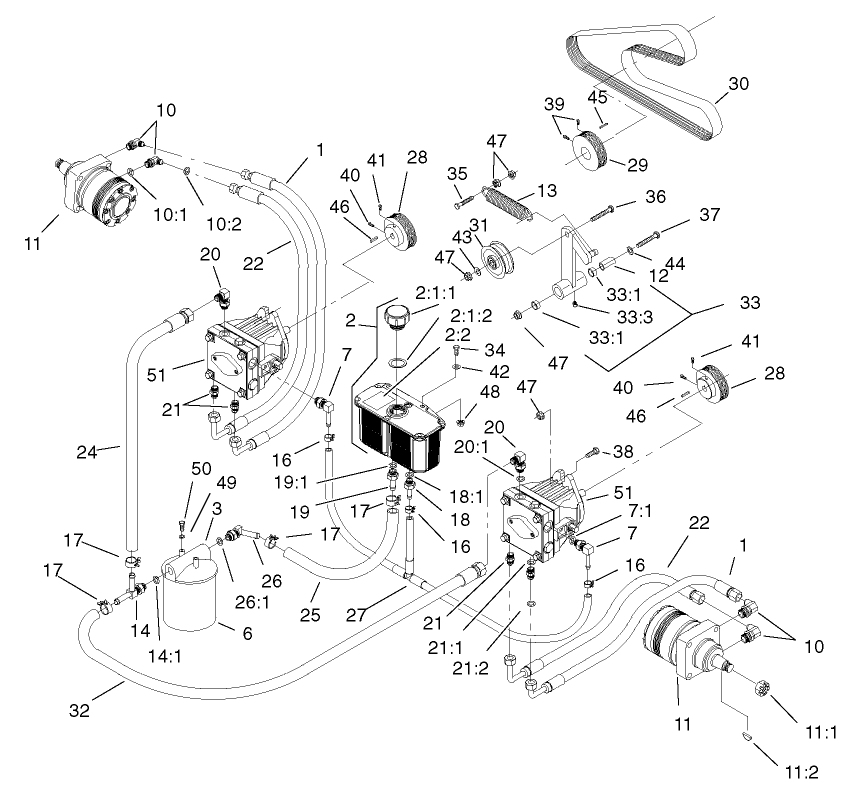 Hydraulic System Assembly Diagram and Parts List for 74214 (220000001-220999999)(2002) Toro Lawn Mower