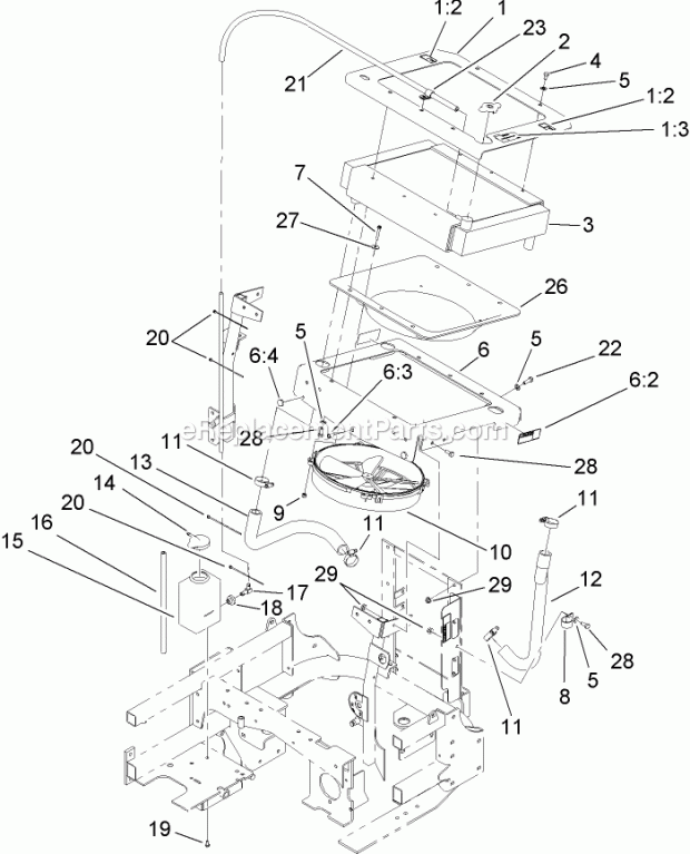 Cooling System Assembly Diagram and Parts List for 74265 260000001-260999999 Toro Lawn Mower