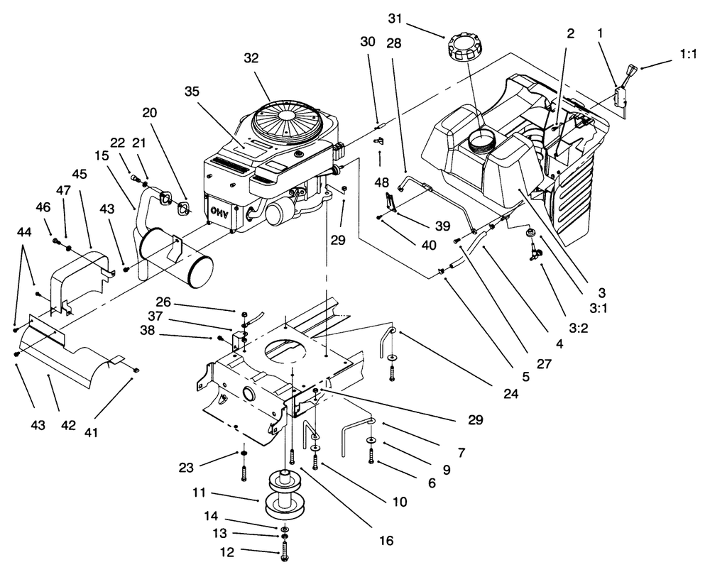 Engine System Components Assembly Diagram and Parts List for 71193 6900001 - 6999999 Toro Lawn Tractor