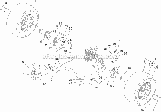 Rear Wheel And Park Brake Assembly Diagram and Parts List for 74916 313000001-313999999 Toro Lawn Mower