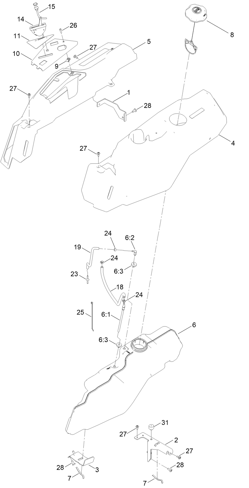 Body Styling And Fuel Pod Assembly Diagram and Parts List for 74694 411000000 - 411799999 Toro Lawn Tractor