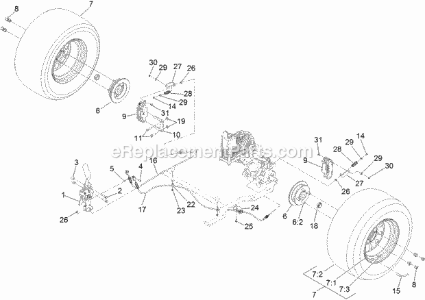 Rear Wheel And Park Brake Assembly Diagram and Parts List for 74954 313000001-313999999 Toro Lawn Mower