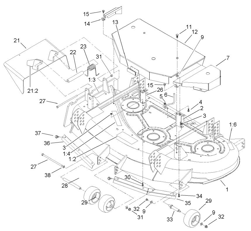Deck And Cover Assembly Diagram and Parts List for 30299TE (230000001-230999999)(2003) Toro Lawn Mower