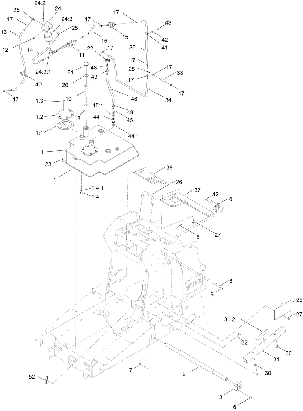Hydraulic Tank And Track Shaft Assembly Diagram and Parts List for 22328 408000000 - 408899999 Toro Lawn Tractor Accessories