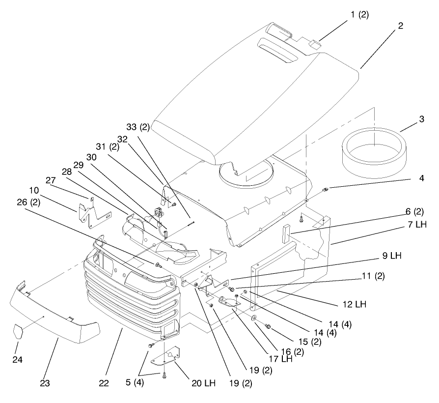 Hood And Grill Diagram and Parts List for 72110 6900001 - 6999999 Toro Lawn Tractor