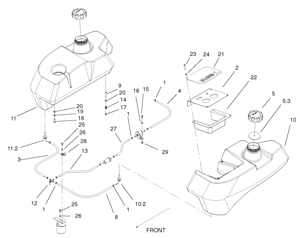 Tank And Fuel Line Assembly Diagram and Parts List for 74214 (220000001-220999999)(2002) Toro Lawn Mower