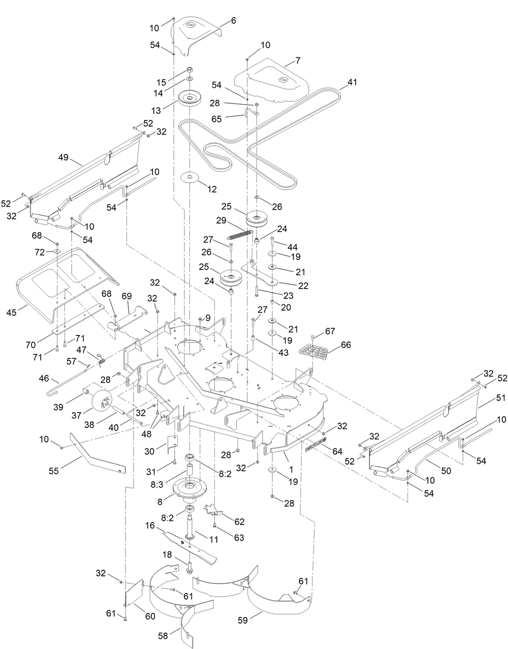 48in Deck Assembly Diagram and Parts List for 74875 411900000 - 999999999 Toro Lawn Tractor