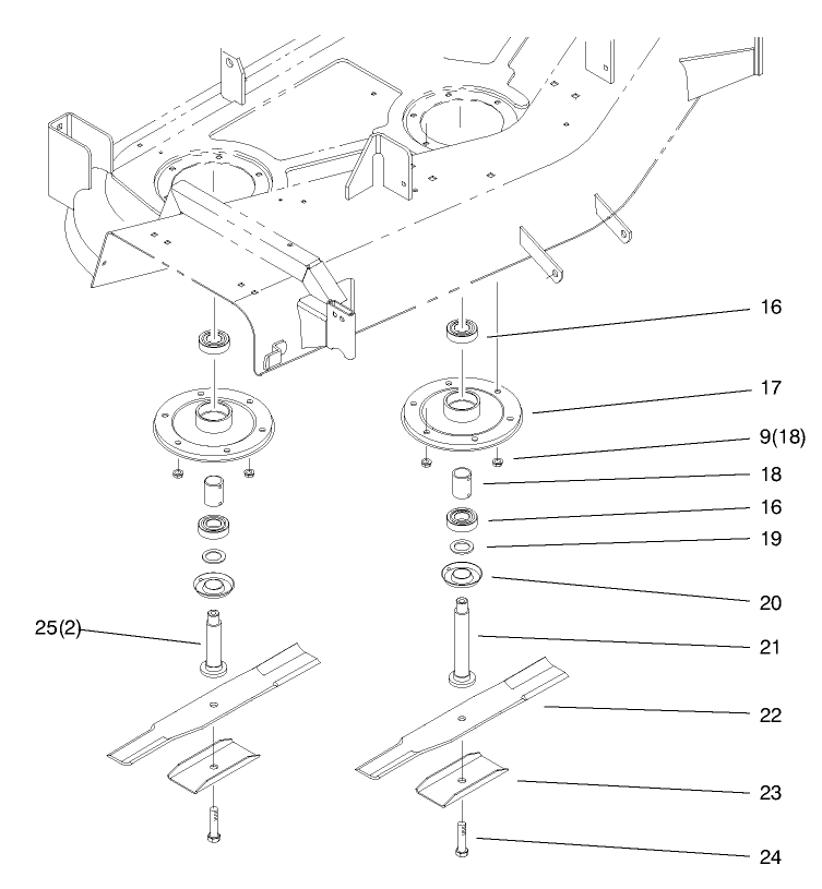 Spindle And Blade Assembly Diagram and Parts List for 78375 8900001 - 8999999 Toro Lawn Mower