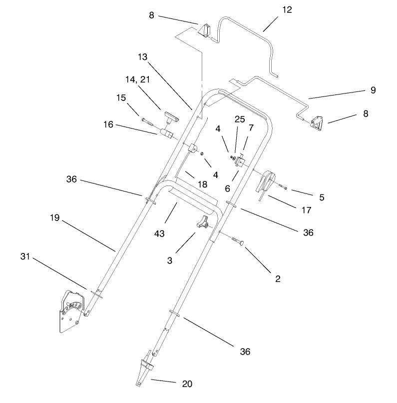 Handle Assembly Diagram and Parts List for 20711 9900001 - 99999999 Toro Lawn Mower