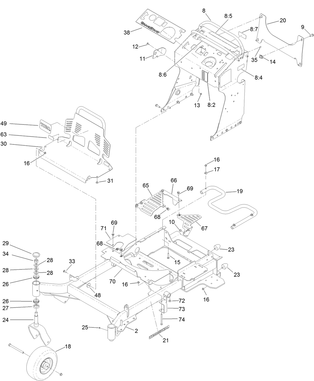 Frame Assembly Diagram and Parts List for 74504TE 404320000-999999999 Toro Lawn Mower