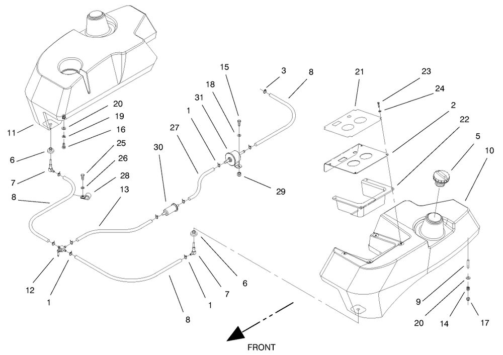 Tank And Fuel Line Diagram and Parts List for 74212 (990001-991000)(1999) Toro Lawn Mower