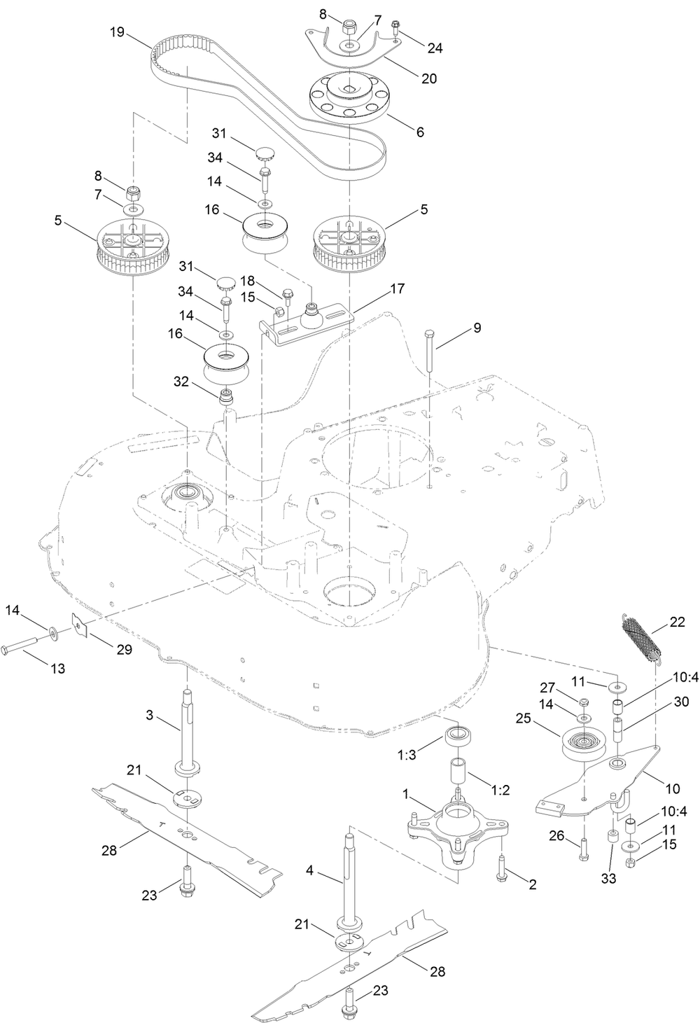 Blade And Spindle Assembly Diagram and Parts List for 22207 407300000-410099999 Toro Lawn Mower