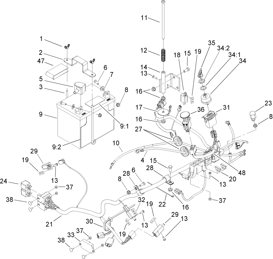 Electrical System Assembly Diagram and Parts List for 74414 (250000001-250005000)(2005) Toro Lawn Mower
