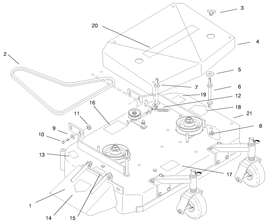 Deck, Cover And Deck Drive Belts Diagram and Parts List for 30194 990001 - 990200 Toro Lawn Mower