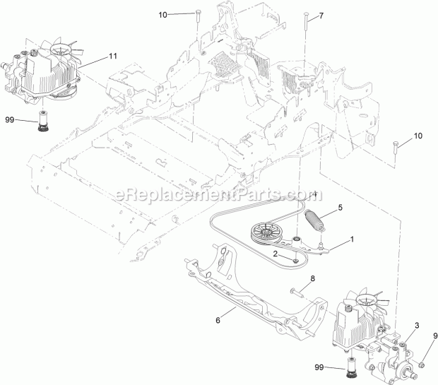 Hydraulic Pump, Idler And Belt Assembly Diagram and Parts List for 74916 312000001-312999999 Toro Lawn Mower