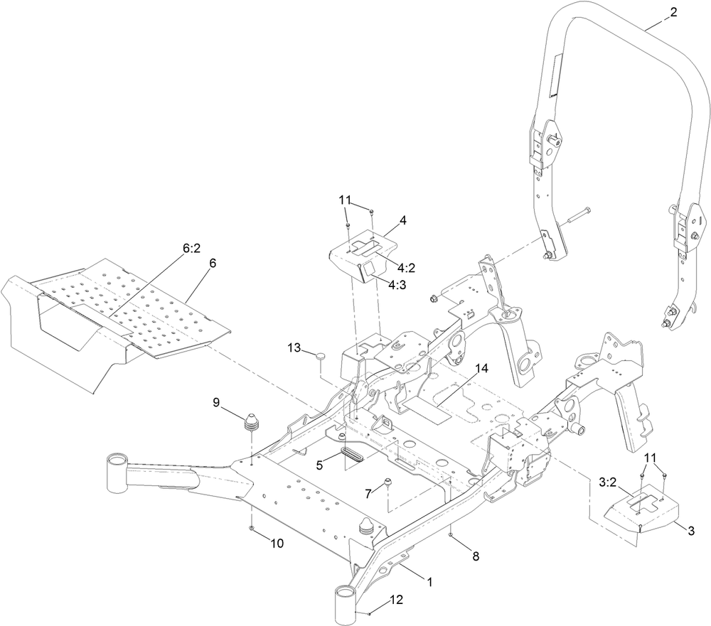 Frame And Roll-Over Protection System Assembly Diagram and Parts List for 72076 407400000-409799999 Toro Lawn Mower