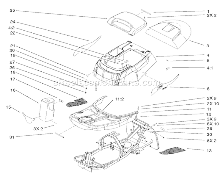 Body and Decal Assembly Diagram and Parts List for 70184 220000001-220999999 - 2002 Toro Lawn Tractor