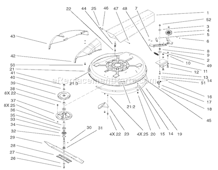 Deck and Spindle Assembly Diagram and Parts List for 70184 220000001-220999999 - 2002 Toro Lawn Tractor