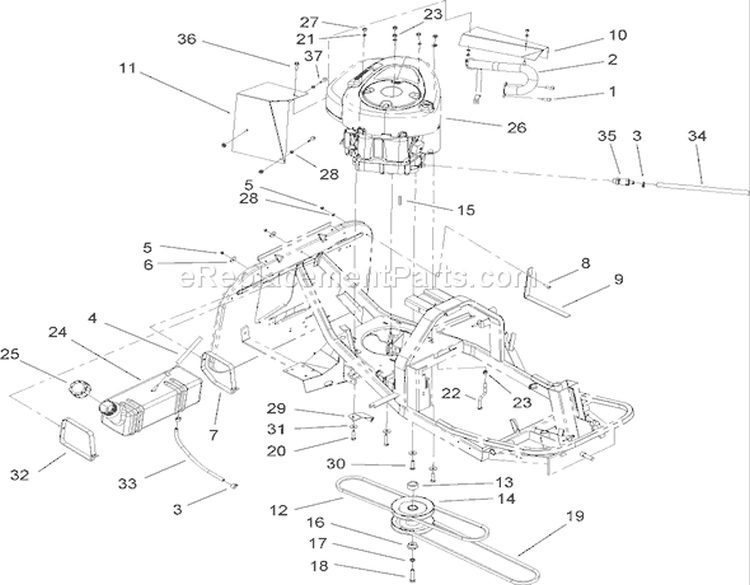 Engine and Fuel Tank Assembly Diagram and Parts List for 70185 270000001-270805705 - 2007 Toro Lawn Tractor