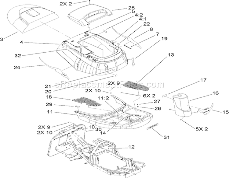 Body and Decal Assembly Diagram and Parts List for 70185 270805706-280899564 - 2008 Toro Lawn Tractor