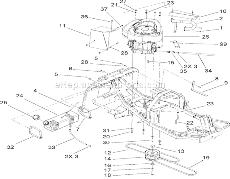 Engine and Fuel Tank Assembly Diagram and Parts List for 70186 250000001-250999999 - 2005 Toro Lawn Tractor