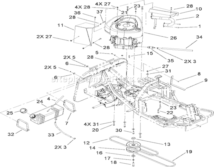 Engine and Fuel Tank Assembly Diagram and Parts List for 70186 260732867-270805635 - 2007 Toro Lawn Tractor