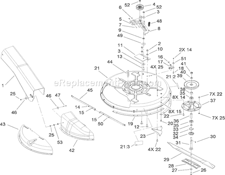 Deck and Spindle Assembly Diagram and Parts List for 70185 270805706-280899564 - 2008 Toro Lawn Tractor