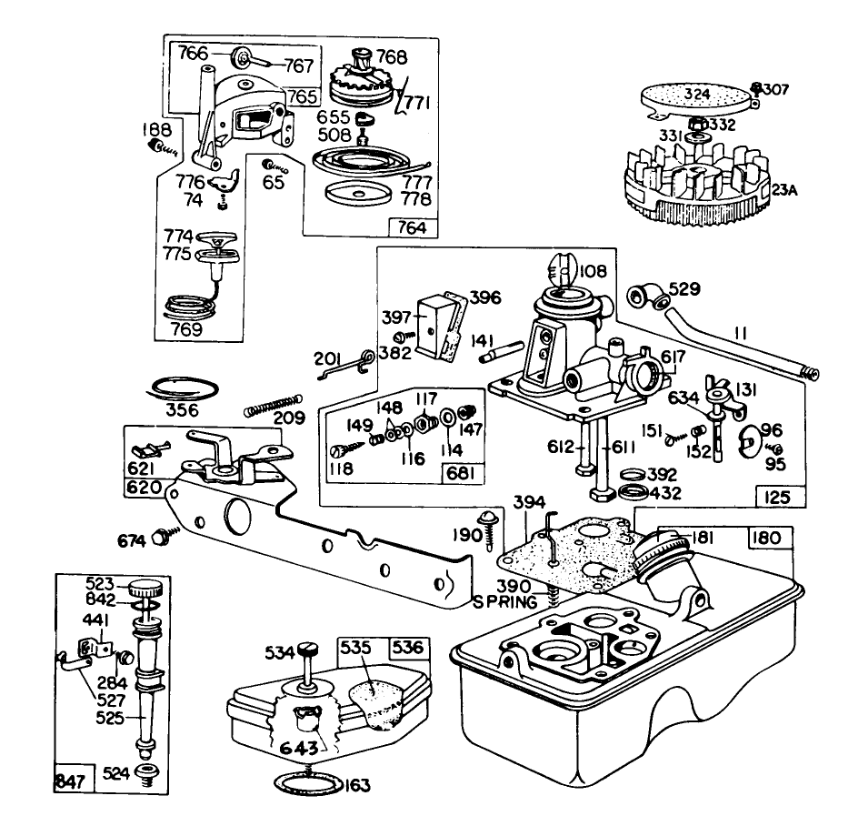 Carburetor And Rewind Starter Assembly Diagram and Parts List for 16810 9000001 - 9999999 Toro Lawn Mower