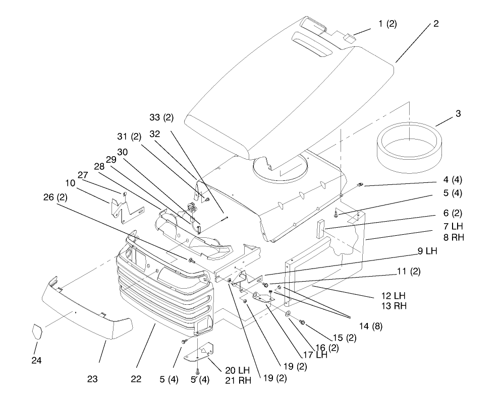 Hood And Grill Diagram and Parts List for 72045 8900001 - 8900399 Toro Lawn Tractor