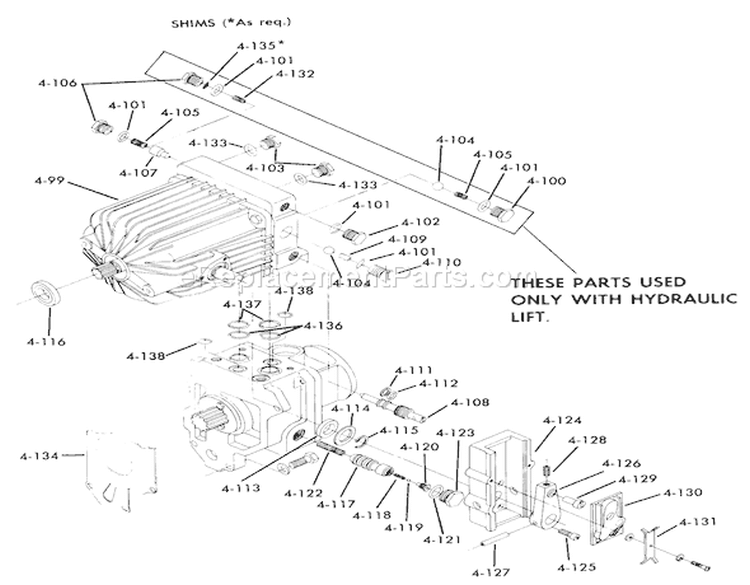 Hydrostatic Transmission, Piston-Piston Type Diagram and Parts List for 71-16KS01 1977 Toro Lawn Tractor
