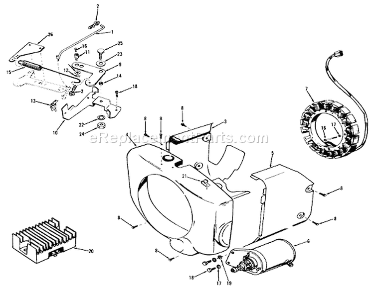D-160 Onan Engine, Governor, Starter, Charging Alternator and Blower Housing Diagram and Parts List for 71-16OS01 1977 Toro Lawn Tractor