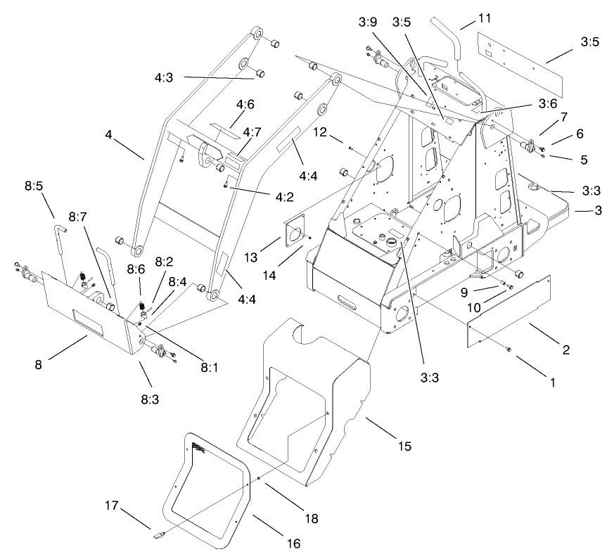 Frame And Loader Arm Assembly Diagram and Parts List for 22303 990001 - 999999 Toro Lawn Tractor Accessories