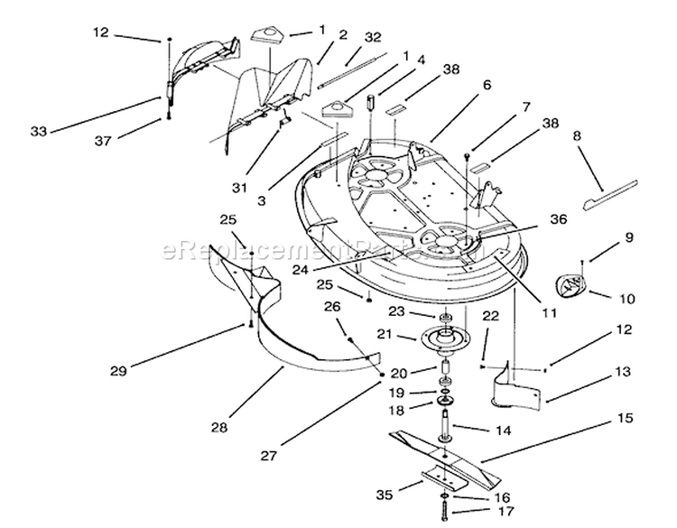 Housing & Spindle Assembly (38" Cutting Unit) Diagram and Parts List for 71184 5900001-5910000 - 1995 Toro Lawn Tractor