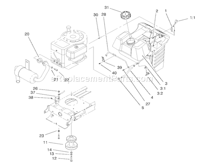 Gas Tank & Engine Pulley Assembly Diagram and Parts List for 71189 7900001-7999999 - 1997 Toro Lawn Tractor
