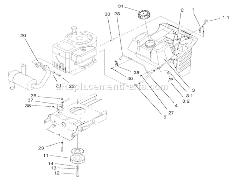 Gas Tank & Engine Pulley Assembly Diagram and Parts List for 71189 8900001-8999999 - 1998 Toro Lawn Tractor