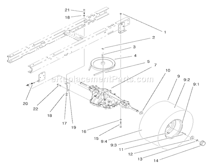 Transaxle Assembly Diagram and Parts List for 71190 8900001-8999999 - 1998 Toro Lawn Tractor